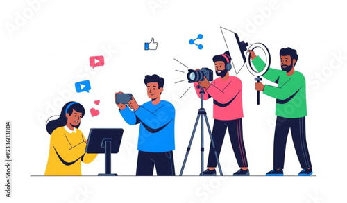 Viral video vector illustration with influencers filming trendy online content
