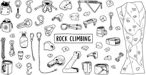 Hand-drawn doodle set of rock climbing gear: chalk bags, ropes, carabiners, belay devices, and holds.