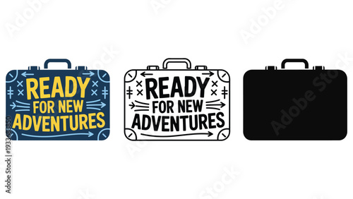 A suitcase icon set with ready for new adventures text