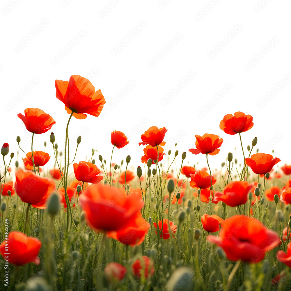 Fototapeta premium Red poppy field with bright sunlight