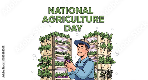 Illustration of a farmer standing in front of a hydroponic farm on National Agriculture Day with a green background and a promotional vibe.