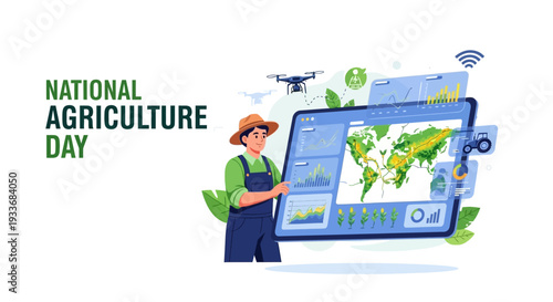 Illustration of a farmer interacting with a large digital screen displaying agricultural data and maps on National Agriculture Day with a drone flying overhead.