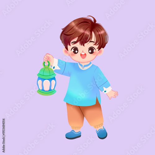 Cute cartoon boy with brown hair wearing a blue tunic and brown pants, happily holding a green lantern against a light purple background.