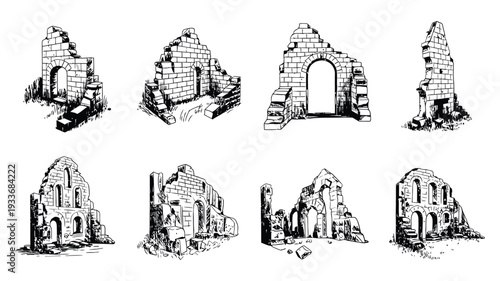 Set of hand drawn sketches of ancient ruins, stone castle and historic buildings in monochrome engraving style vector illustration.