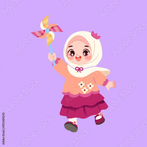 A cute cartoon Muslim girl wearing a hijab and a dress, happily holding a colorful pinwheel on a purple background.