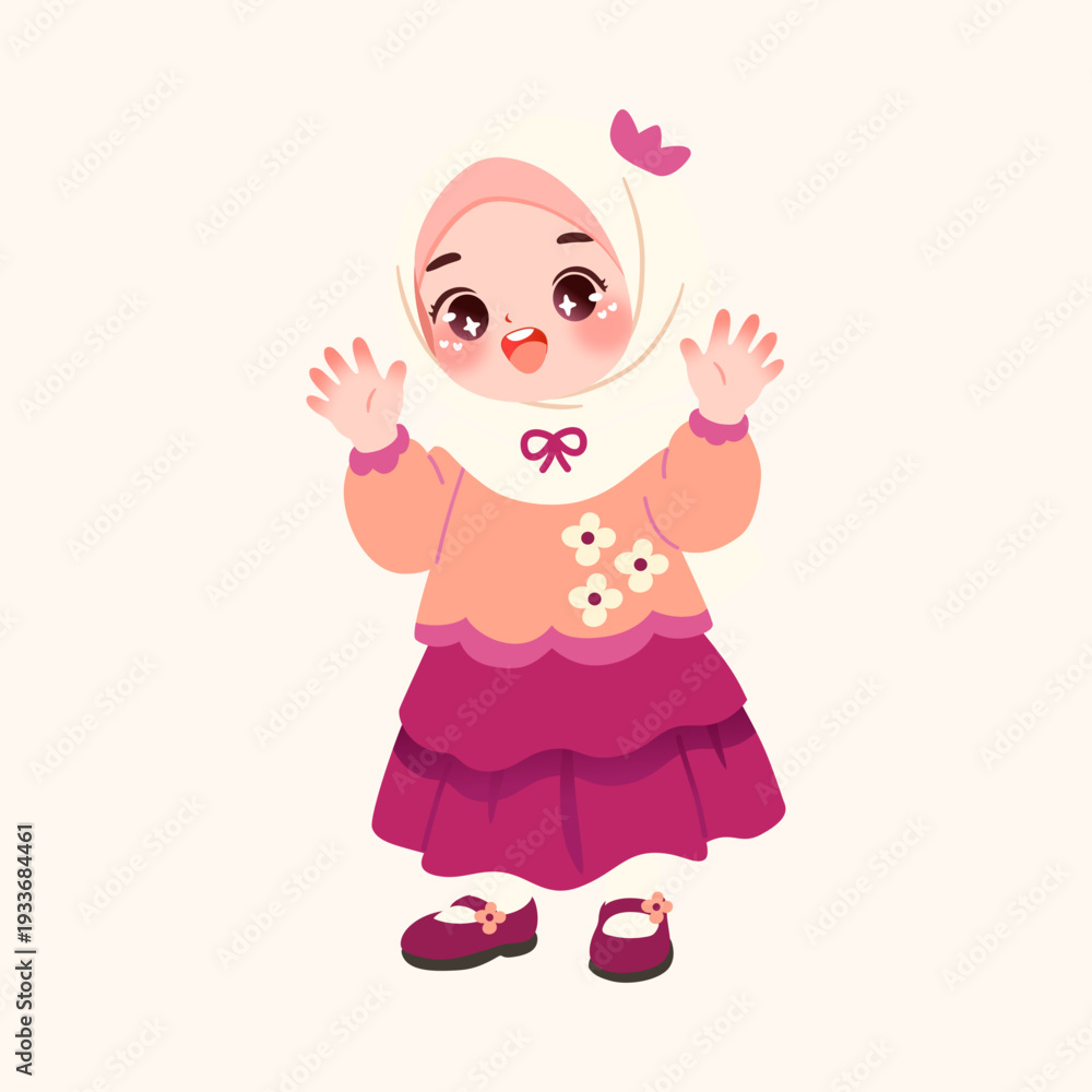 Fototapeta premium Cute cartoon illustration of a happy Muslim girl wearing a pink hijab, orange top, and purple skirt, waving with a cheerful expression.