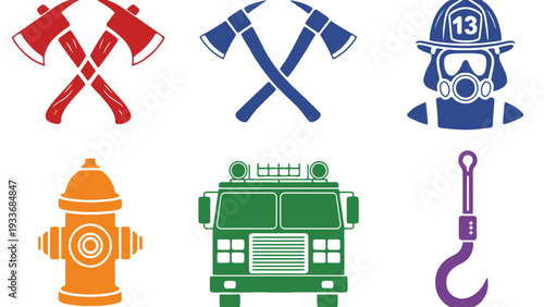 Firefighter equipment icons including axes and a fire truck