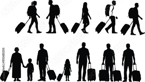 Black Silhouette Set of People with Suitcases and Backpacks Isolated on White Background Including Families Couples and Travelers for Tourism and Vacation Journey Design