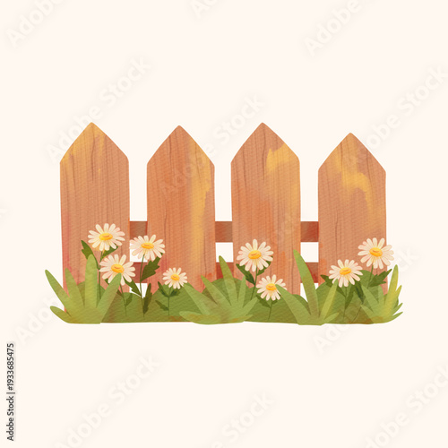 A charming illustration of a wooden picket fence with green grass and white daisy flowers in a soft, natural style.