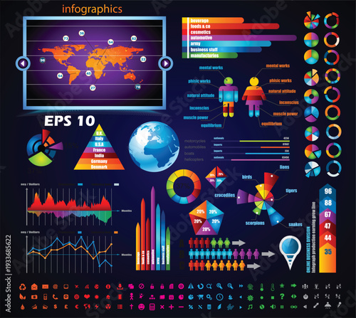 Comprehensive Neon Infographic Design Elements Set on Dark Background. Vector Illustration of Global Maps, Financial Charts, Demographic Data, and Extensive Business Icon Library