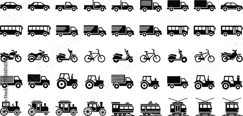 Black transportation vector icon set featuring cars trucks buses motorcycles bicycles tractors and vintage steam trains isolated on white for logistics and travel design