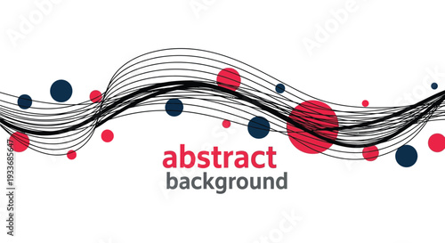 Dynamic abstract wave of thin black lines flowing across a minimalist background with contrasting red and dark blue circular elements suggesting movement and rhythm in design.
