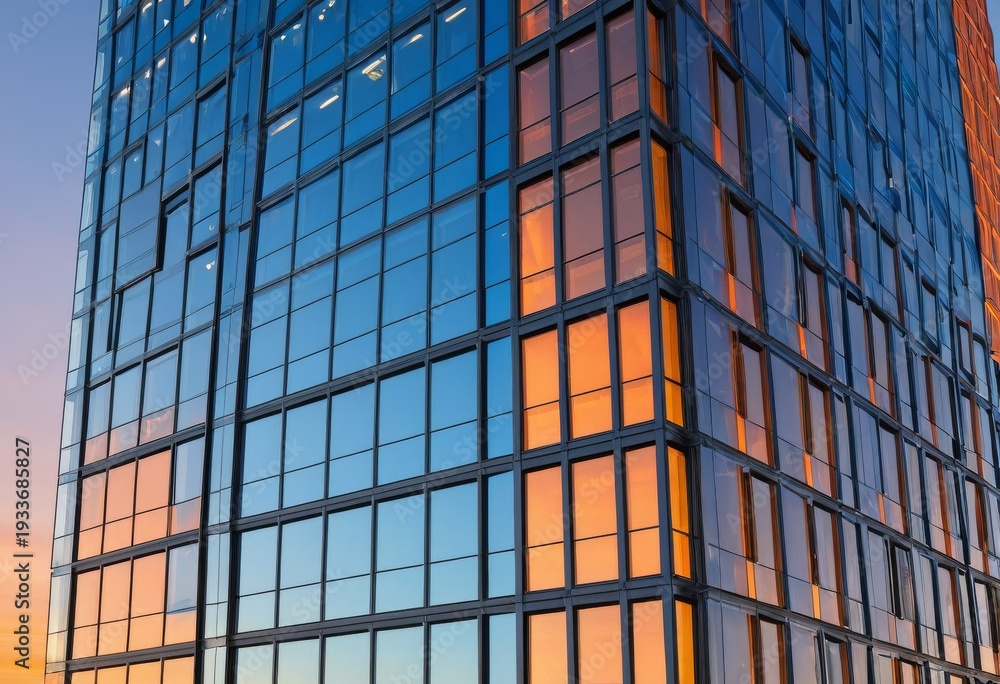 Fototapeta premium Modern glass office building illuminated by sunset