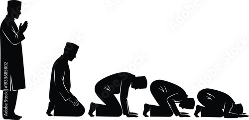 Muslim Man Silhouette Showing Steps of Islamic Prayer Salah Positions Including Standing Takbir Sitting Tashahhud and Prostration Sujud for Ramadan and Religious Concept