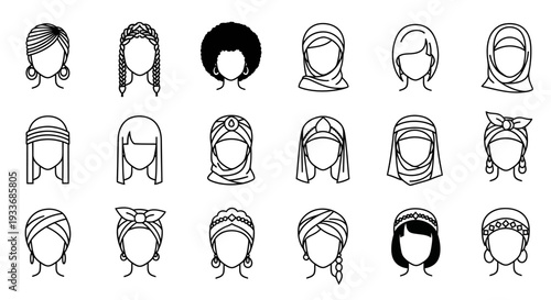 Diverse Women Headscarf Illustrations Set Simple Design