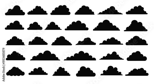 Collection of various black silhouette cloud shapes isolated on a white background providing versatile graphic elements for weather related design projects and digital art applications