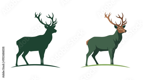 Majestic stag with impressive antlers stands proudly on a grassy hill, showcasing its noble profile.