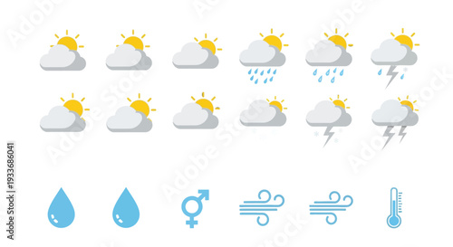 Comprehensive set of flat design weather forecast icons illustrating various atmospheric conditions including sun clouds rain snow wind and temperature readings for applications