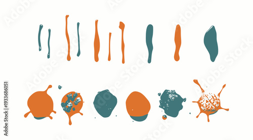 Abstract paint splatters and blobs in teal and orange hues on a white background high quality