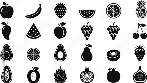 Black Fruit Icon Set Silhouette Collection Isolated on White Including Apple Banana Strawberry Watermelon Orange Pineapple Mango Grapes Avocado Kiwi and Papaya for Food Design (25 words)