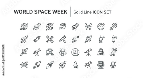 This extensive collection of modern, minimalist solid line vector icons offers a versatile array of illustrations depicting various elements of space exploration, celestial bodies, rockets, satellites