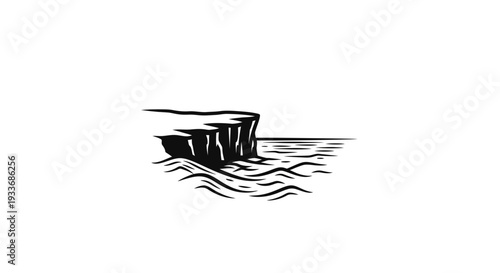 Coastal cliff landscape vector illustration showcasing ocean waves in a stark minimalist design