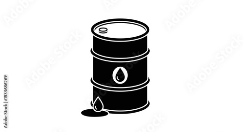 Industrial oil drum icon with spilling liquid fuel illustration for energy concepts