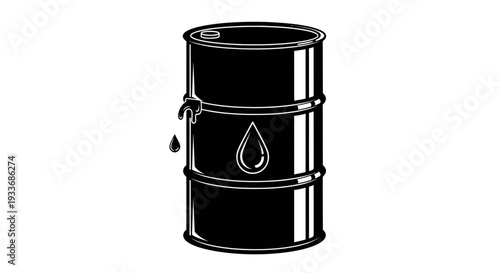 Black industrial barrel illustration with dripping oil, symbolising crude energy reserves and