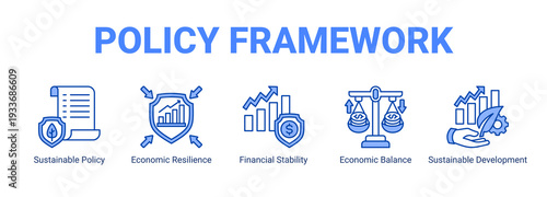 Policy Framework web banner icon concept, with Sustainable Policy, Economic Resilience, Financial Stability, Economic Balance.