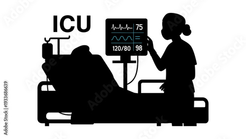ICU medical silhouette illustration of a nurse and patient in hospital