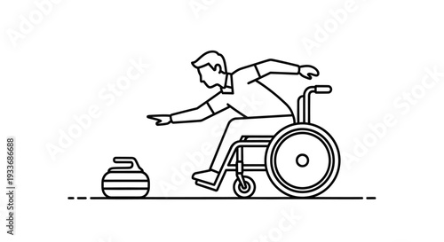 Man in Wheelchair Playing Curling Sport Line Art Illustration