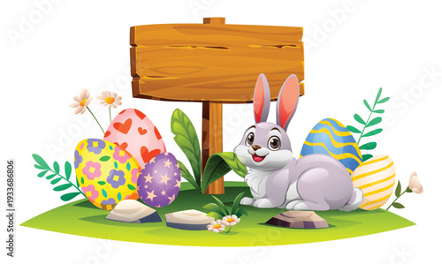 Rabbit sitting next to a blank wooden signpost and colorful Easter eggs in the garden. Vector cartoon illustration