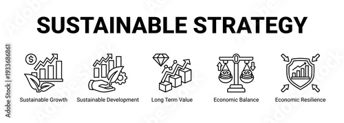 Sustainable Strategy web banner icon concept  with Sustainable Growth, Sustainable Development, Long Term Value, Economic Balance, Economic Resilience.