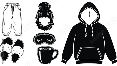 Sleepwear set with hoodie, sweatpants, and accessories in black and white vector illustration