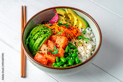 bowl with salmon and vegetables.