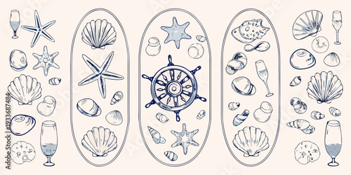 Nautical themed illustrations featuring seashells starfish and champagne glasses