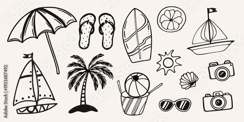 A collection of hand drawn summer icons including beach and ocean elements