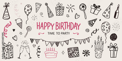 Hand drawn birthday doodles and lettering with celebratory party elements