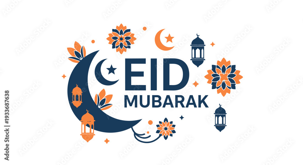 Fototapeta premium Beautiful Eid Mubarak Greeting Illustration with Decorative Crescent Moon, Traditional Lanterns, and Floral Patterns for Islamic Celebrations