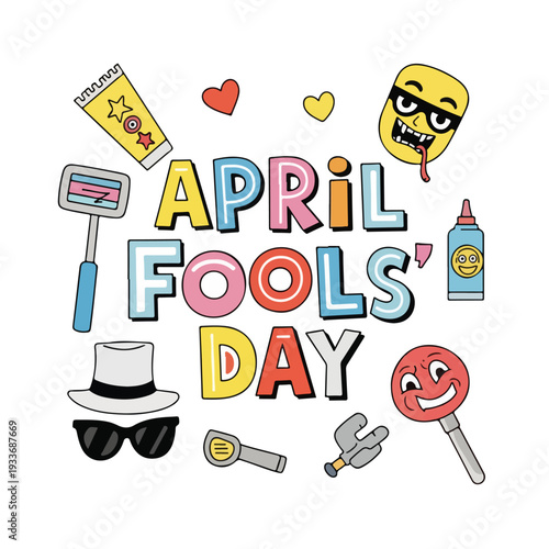 April Fools Day colorful illustration with prank items