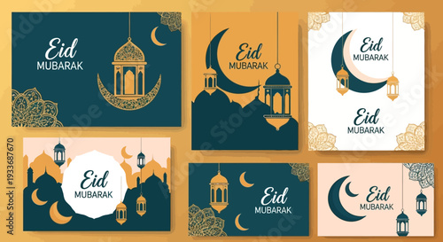 Festive Eid Mubarak banner templates featuring Islamic lanterns, moons, and ornate patterns in teal and gold color palette