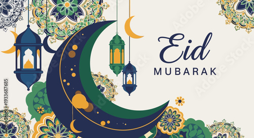 Elegant Eid Mubarak greeting with a crescent moon, glowing lanterns, and beautiful Islamic ornamental patterns in a harmonious festive design