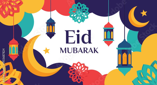 Vibrant Eid Mubarak illustration with festive lanterns, crescent moons, stars, and elegant patterns on a colorful background, ideal for holiday greetings and cultural celebrations