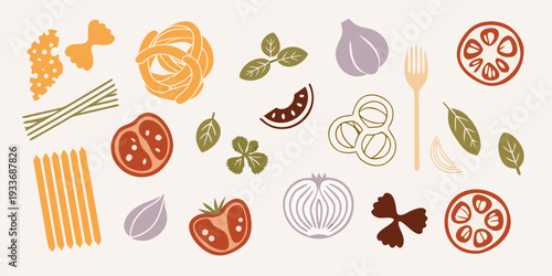 Stylized illustration of various pasta shapes tomatoes and herbs