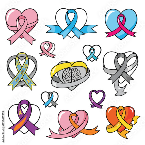 Colorful awareness ribbons and heart symbols for various causes