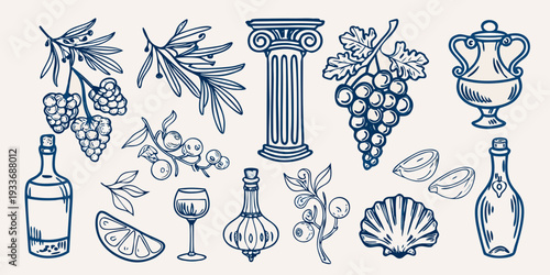 Antique style illustration featuring grapes wine and classical elements