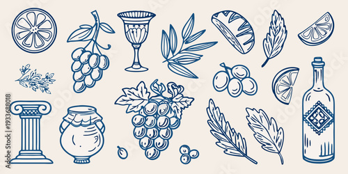 Collection of blue line art illustrations featuring fruit foliage and decor