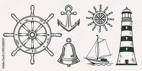 Nautical elements a ship s wheel anchor bell and lighthouse illustration