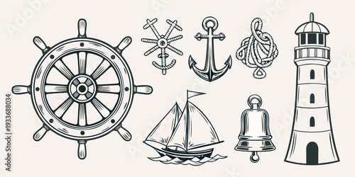 Vintage nautical elements including a ship s wheel anchor and lighthouse