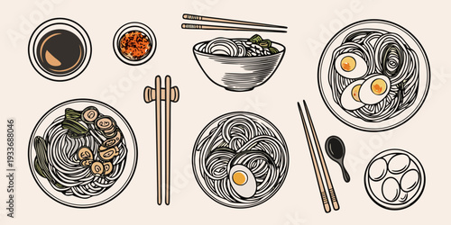 Illustration of various noodle bowls chopsticks and traditional condiments